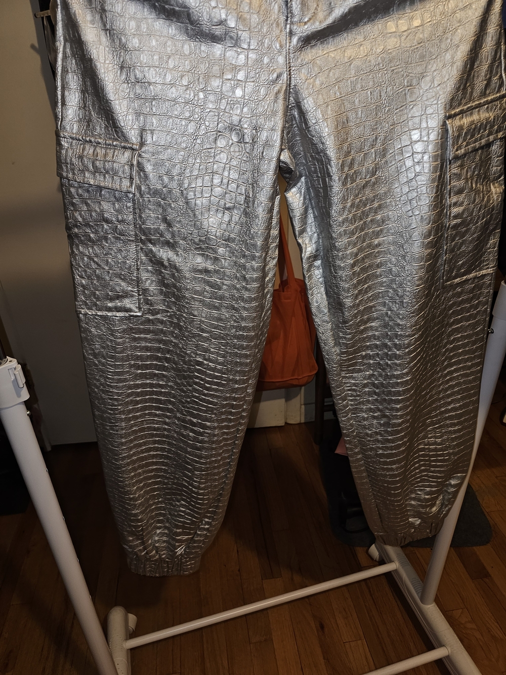 Metallic Silver Croc-Texture Faux Leather Cargo Joggers NAKED WARDROBE